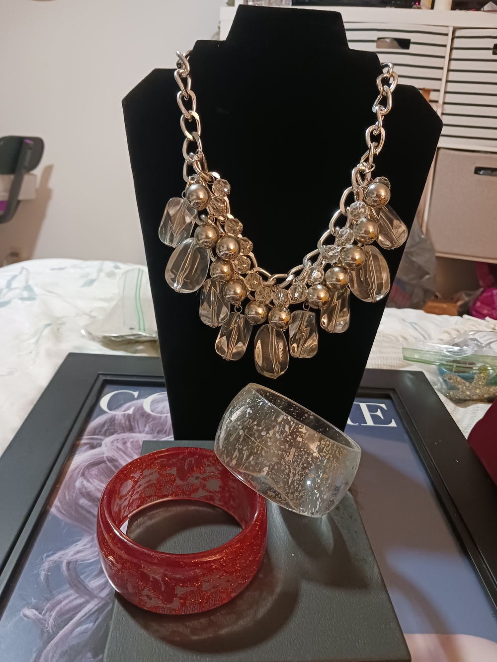 Statement Silver and Clear Bead Necklace with Resin Bangles
